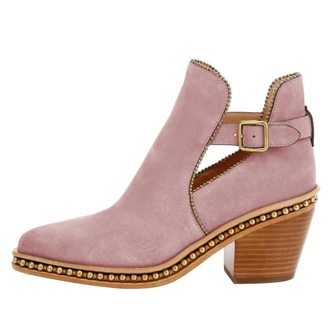 Vegan Suede Studded Stacked Heel Buckle Strap Ankle Boots in Pink
