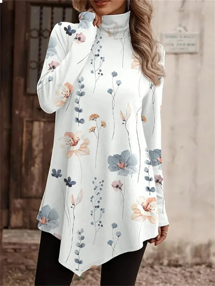 Autumn and Winter New Printed High Neck Fashion Loose Type Comfortable Casual Long Sleeve Top-Mixcun