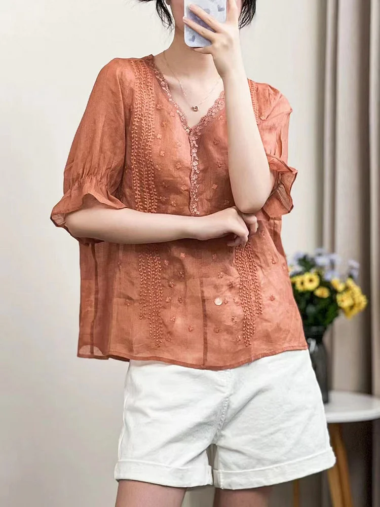 Women Vintage Embroidery Lacework Collar Loose Shirt