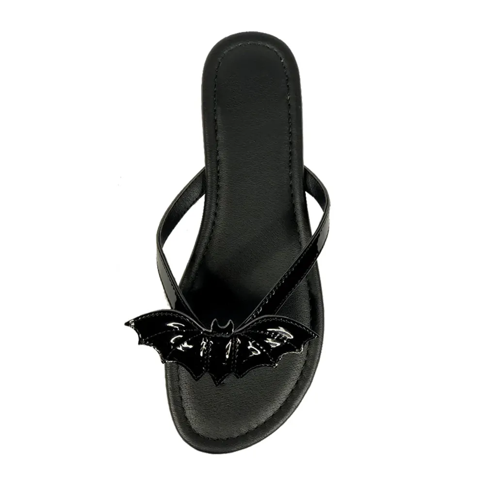 Black Patent Leather Round Toe Flip Flops Mules Sandals with Bat