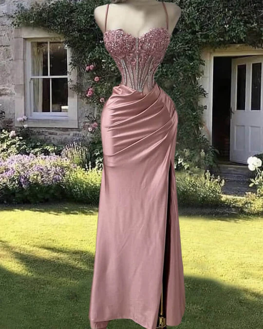  Pretty Blushing Pink Satin Mermaid Prom Dress with Beadings – Ohprom