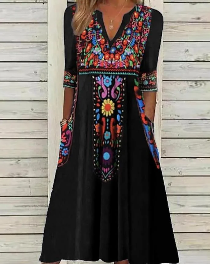 Women's Fashion Retro Print Pocket Design Casual V Neck Half Sleeve Straight Midi Dress
