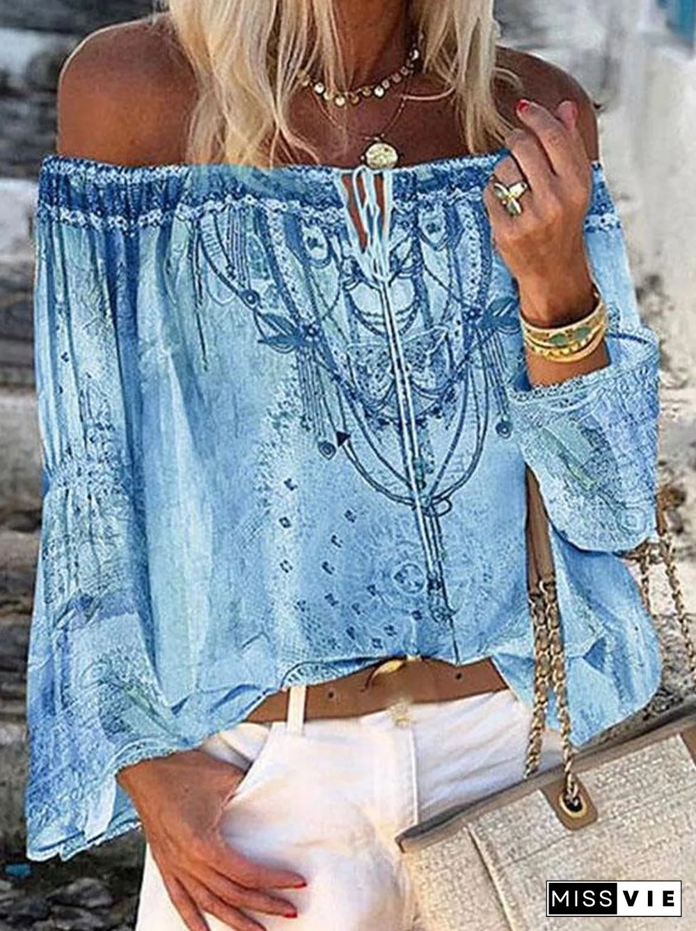 Women's Fashion Print Off-shoulder Top With Flared Sleeves