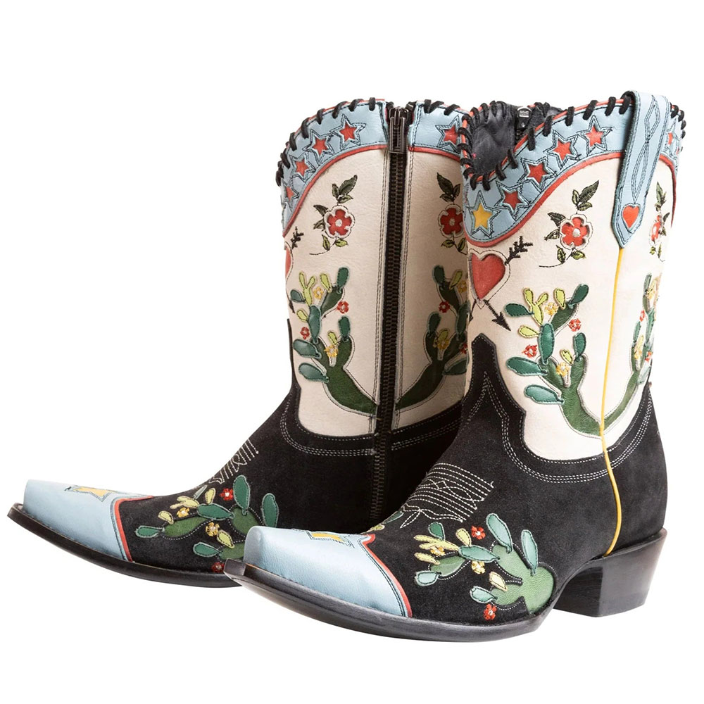 Black & White Snip Toe Applique and Inlay Mid-Calf Cowgirl Boots