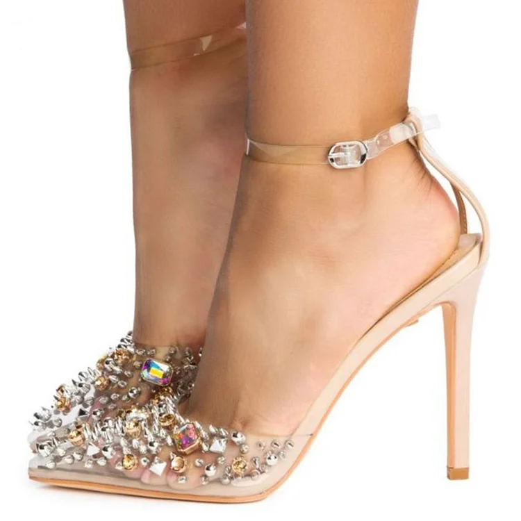 Nude Pointy Toe Wedding Shoes Women's Ankle Strap Studded Clear Pumps |FSJ Shoes
