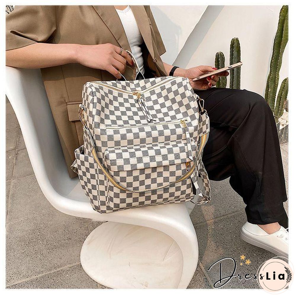 Retro Faux Leather Check Pattern Print Rucksack Vegan Backpack Tote