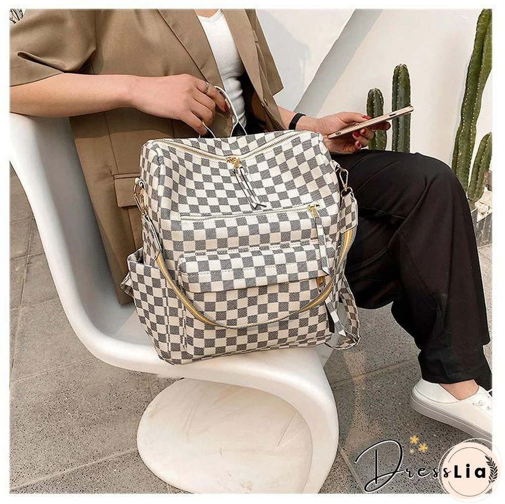 Retro Faux Leather Check Pattern Print Rucksack Vegan Backpack Tote