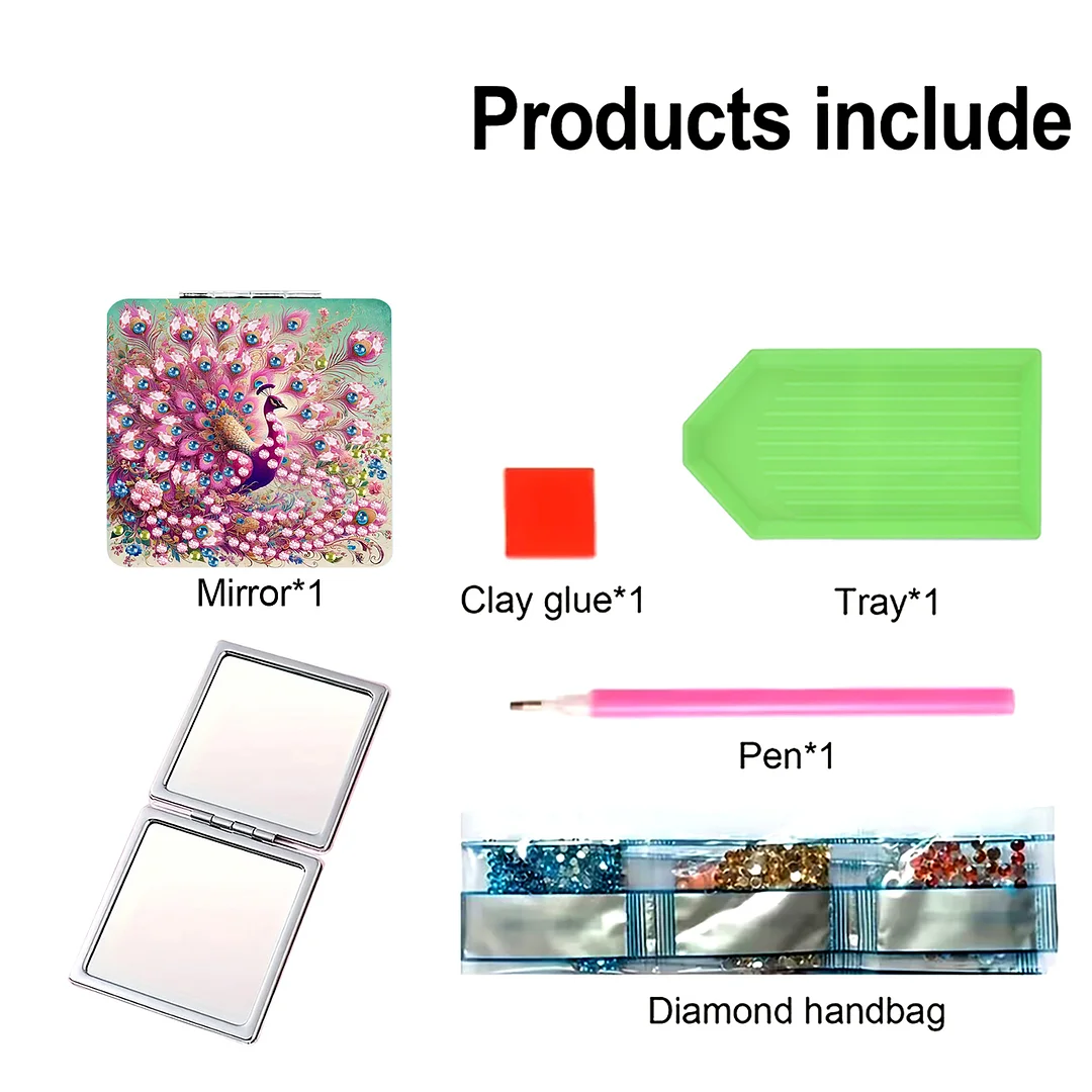 Pink Peacock DIY Special Shaped Diamond Painting Compact Mirror Kits Diamond Art Painting Pocket Mirror for Adults and Beginners