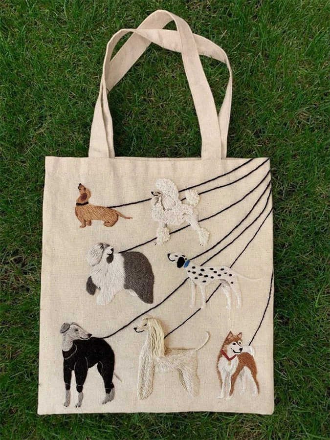 Embroidered Dog Art Print Canvas Shoulder Bag