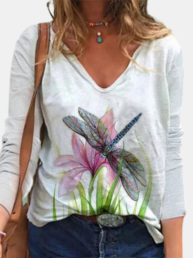 Flower Dragonfly Print Long Sleeve V neck Blouse For Women P1738074
