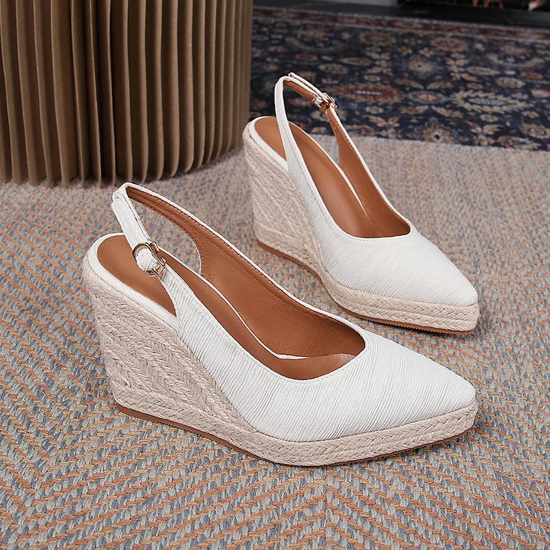 Wongn Wongn Summer Sloping Heel Thick Bottom Pointed Head Head Drag High Heel Women's Shoes After Empty Straw Hemp Rope Bottom Shoes