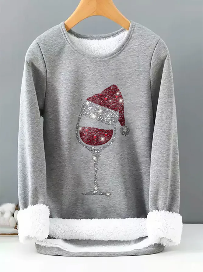 Christmas Wine Glass Printed Warm Thick Sweatshirt
