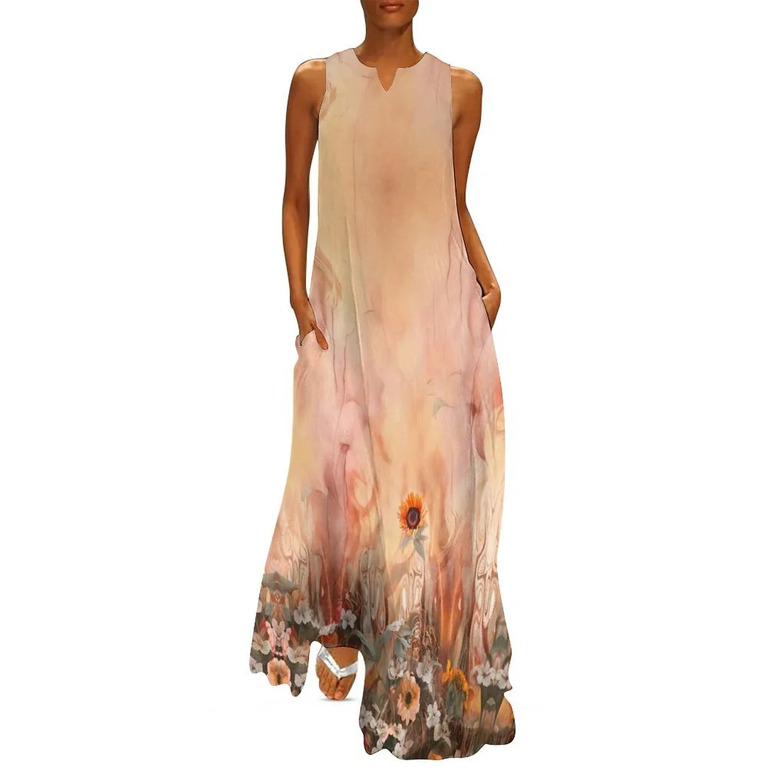 Style & Comfort for Mature Women Plus Size Printed Sleeveless Casual Women Maxi Dress with Pockets in Pattern Floral, Orange