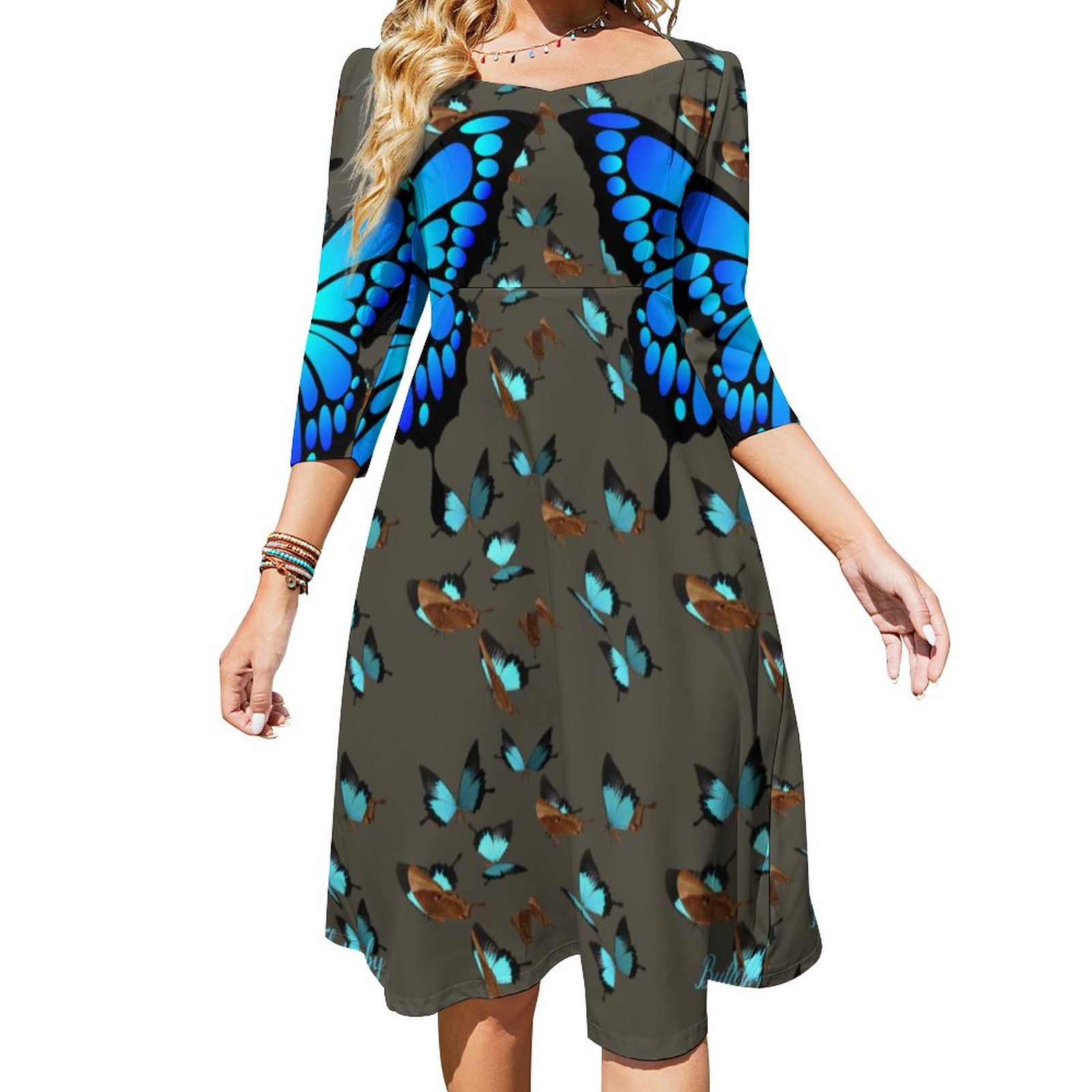 Butterfly Blue Teal On Grey S To Xl Dress Sweetheart Tie Back Flared 3/4 Sleeve Midi Dresses
