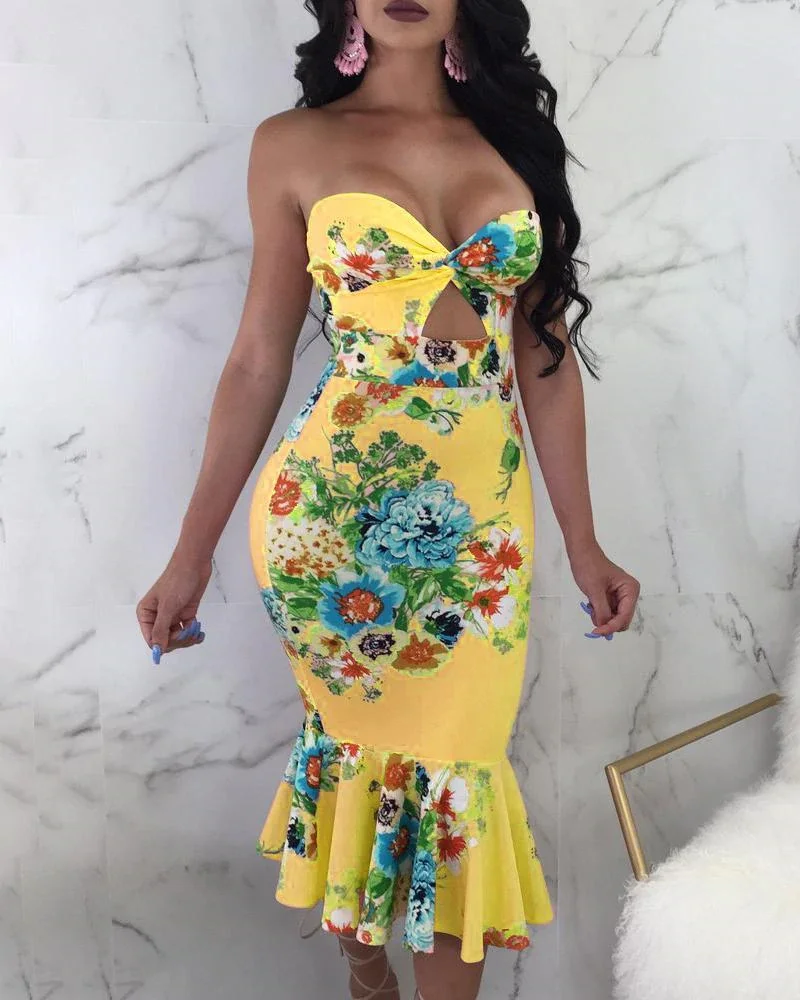 Floral Print Ruffles Hem Tube Dress