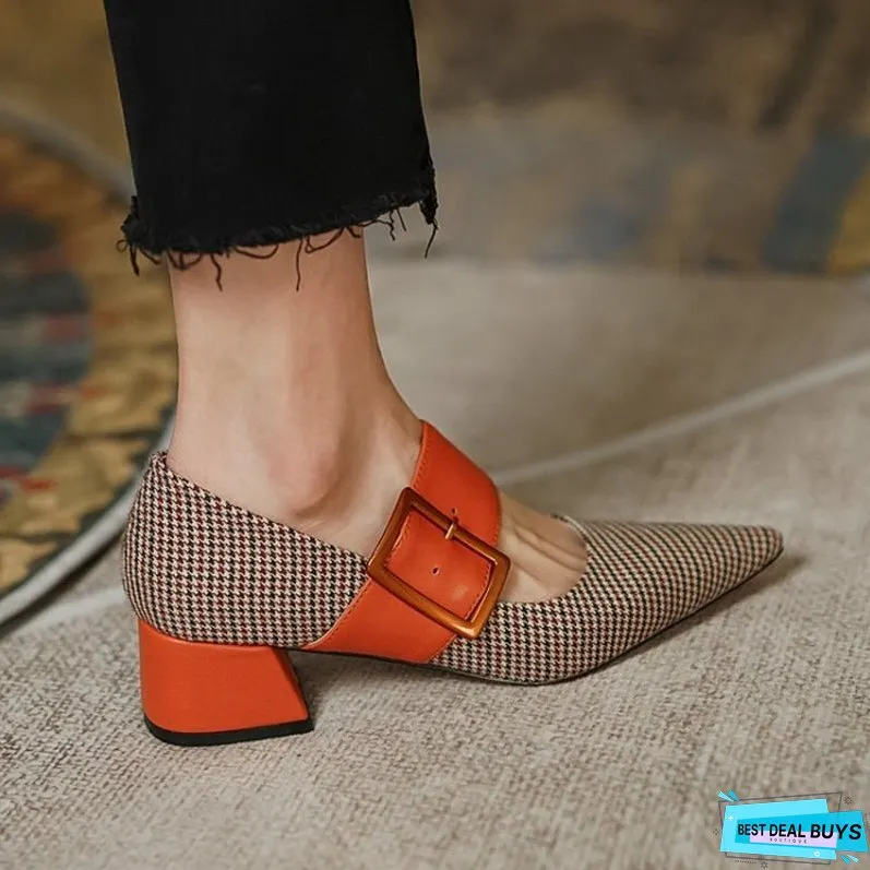 New Spring Autumn Shoes Women Pointed Toe Chunky Heel Fabric High Pumps Mixed Color Square