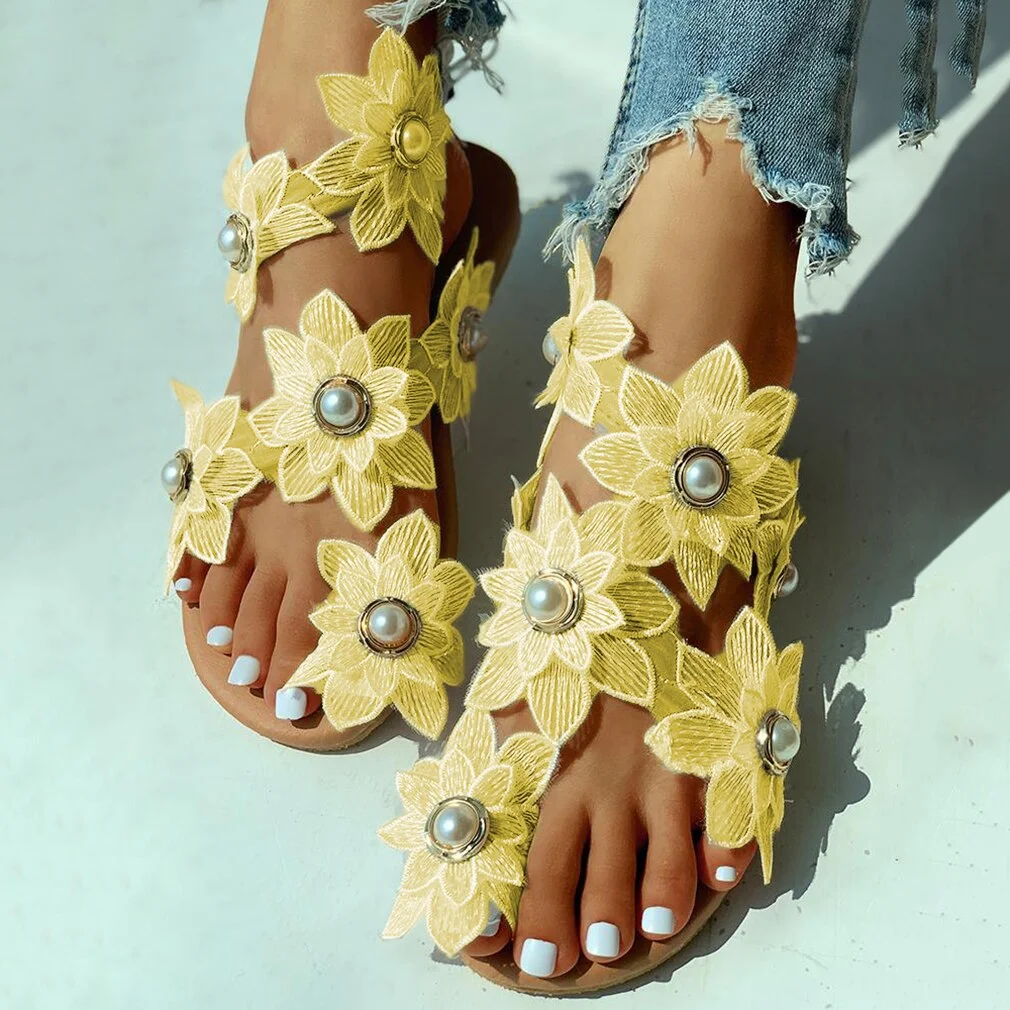 Women Leisure Sandals Bohemia Style Summer Shoes Beach Vacation Comfortable Flat Sandals Fashion Open Toe Pearl Flower Sandals