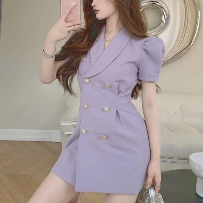 Uforever21 Elegant Vintage Dress Suits Women Summer 2023 Purple  Party Mini One-Piece Dress Puff Sleeve Casual Korean Fashion Clothing