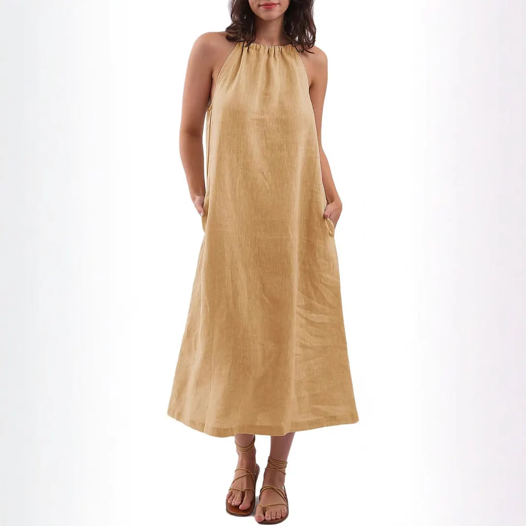 Women's Linen Blend Halter Neck Maxi Dress