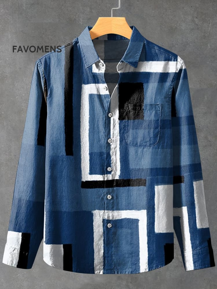 Cowboy Blue Square Geometry Vintage Stripe Print 100% Cotton Long Sleeve Shirt Multicolor / S