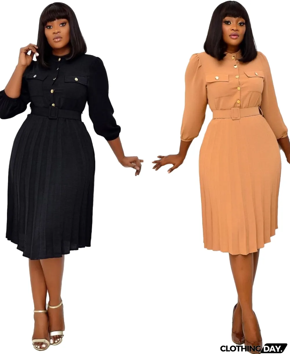 Autumn Professional Khaki Pleated Office Dress with Belt