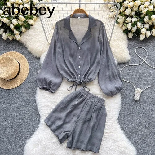 ABEBEY-Summer Runway Two Piece Clothes for Women Long Sleeve Solid Blouses and Vintage Casual Shorts Suit Outfits