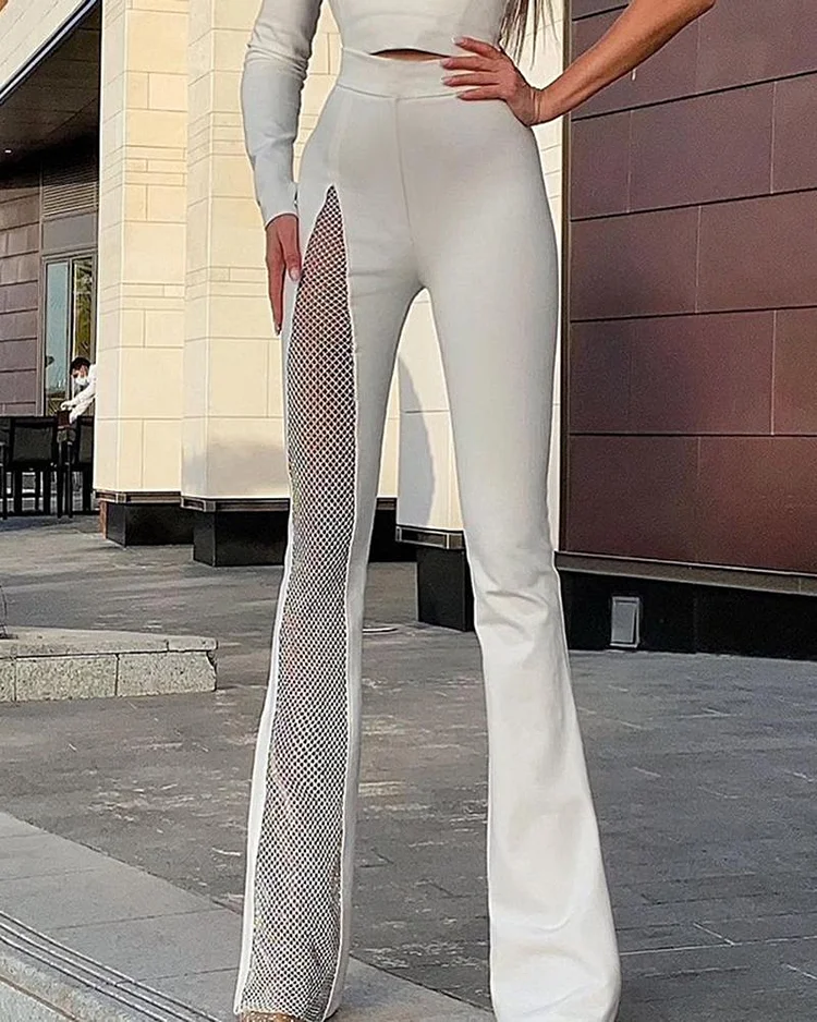 Slim slit mesh high waist mini flared trousers