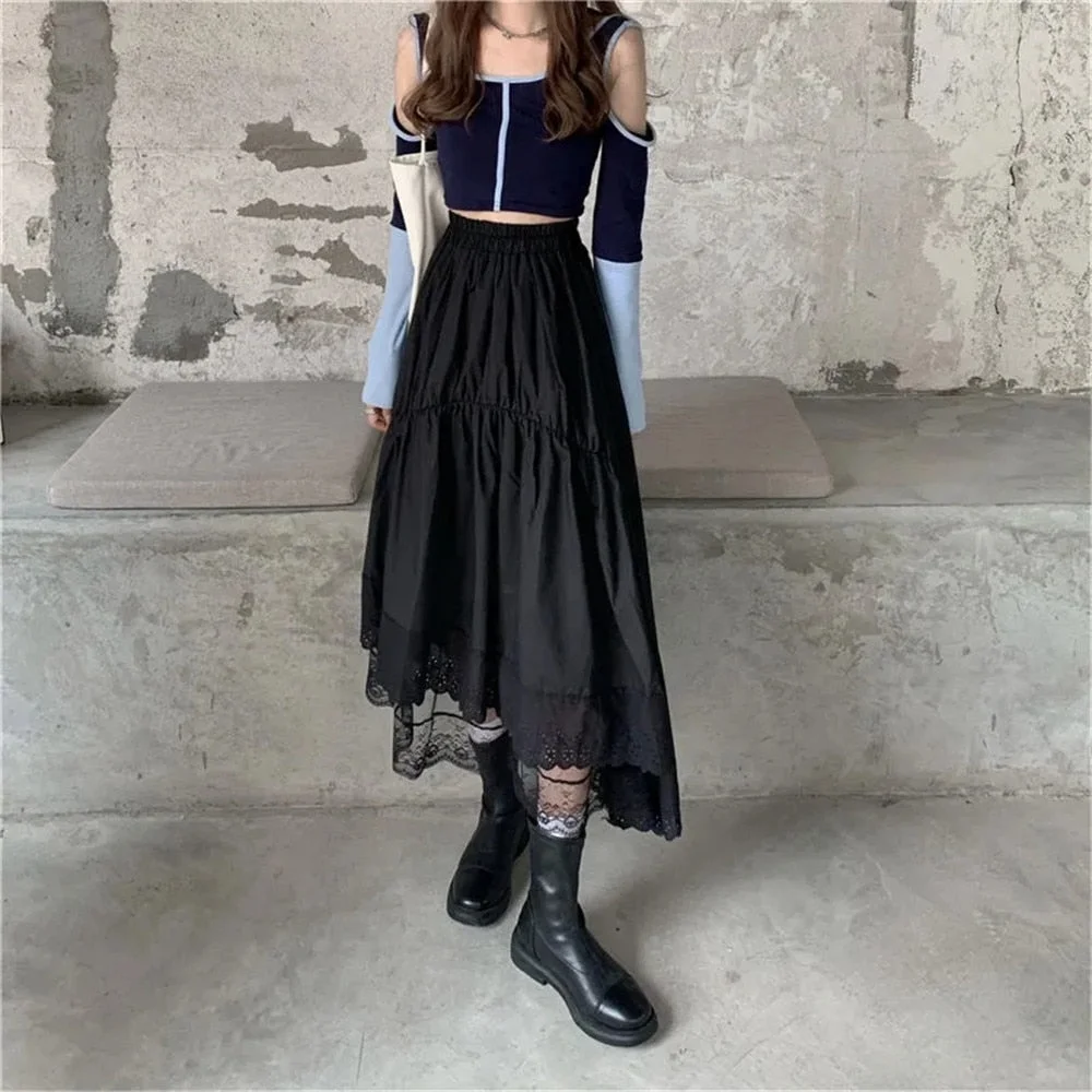 Black Gothic Lace Stitching Irregular Pleated Skirt Women White Vintage High Waist Long Skirt Korean Solid Hip Hop Streetwear