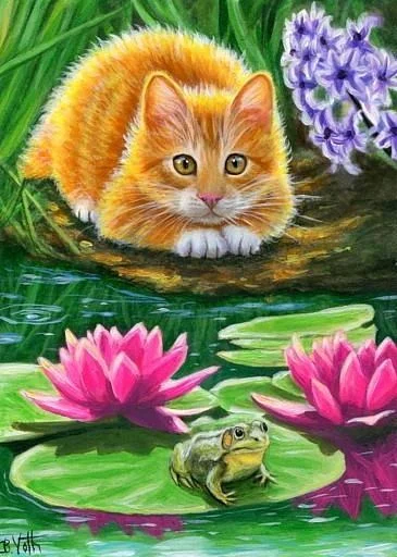 Cat And Lotus 40*50CM(Canvas) Full Round Drill Diamond Painting gbfke