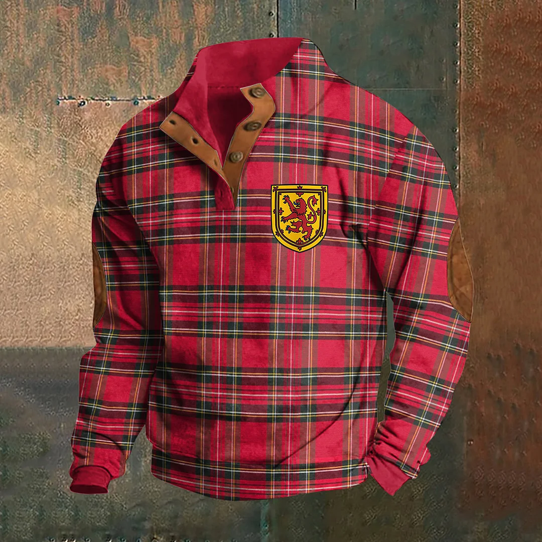 Men's Scotland Classic Plaid Print Stand Collar Button-Up Sweatshirt