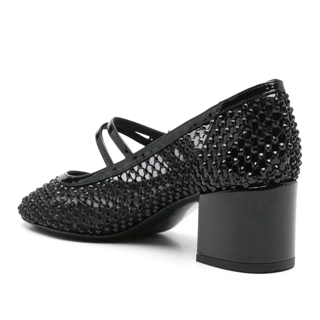 Metallic Finish Mesh Rhinestone Black Mary Janes with Block Heels