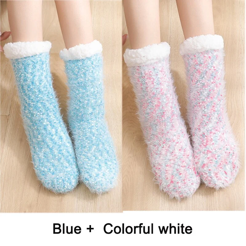 2PCS Warm Floor Socks Women Winter Socks Thick Plush Non-slip Female Sleeping Home Sox Christmas Gifts Harajuku Design for Girls