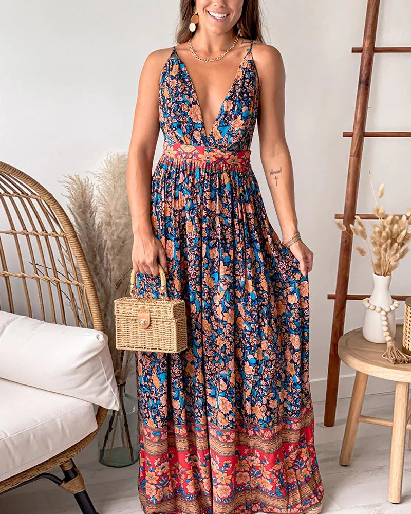 Vacation Deep V Neck Floral Print Maxi Dress