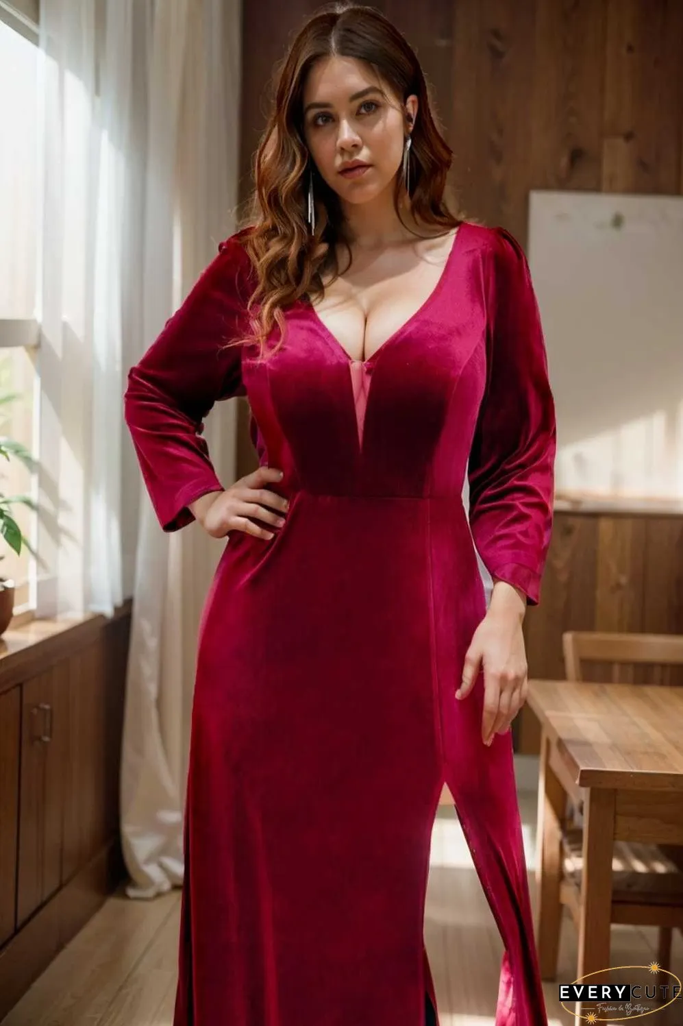 velvet 3 4 length sleeve illusion v neck front slit evening dress