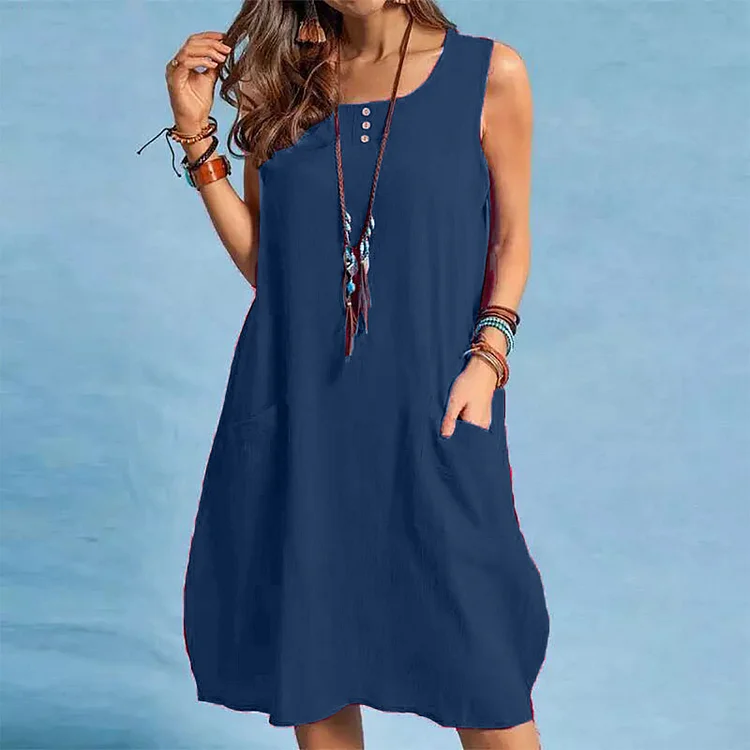 women's cotton linen loose casual solid color pocket dress socialshop