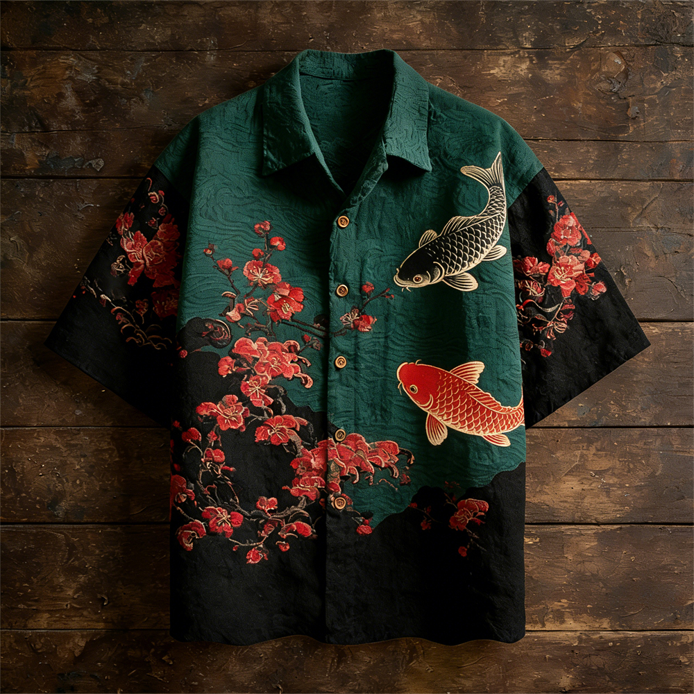 Japanese Plum & Carp Totem Vintage Men's Linen Short Sleeve Shirt  artssus