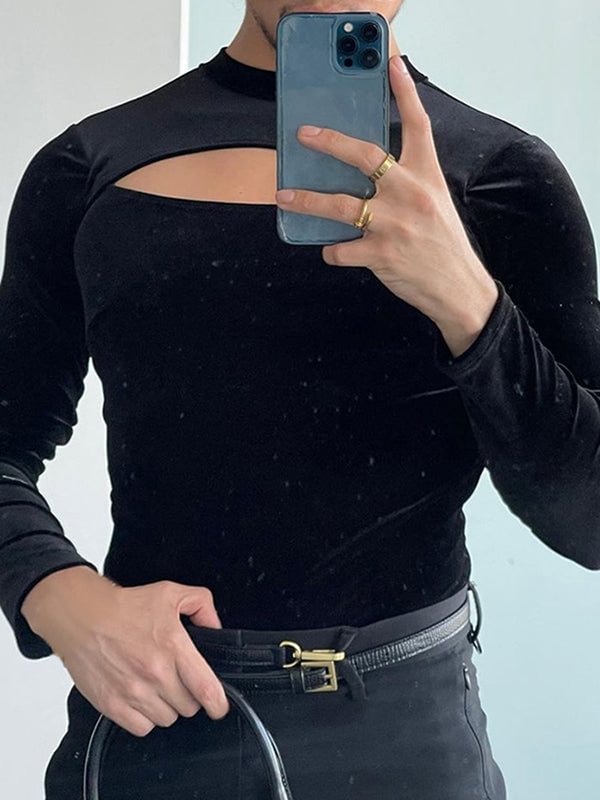 Mens Solid Cutout Long Sleeve T-shirt SKUJ89978