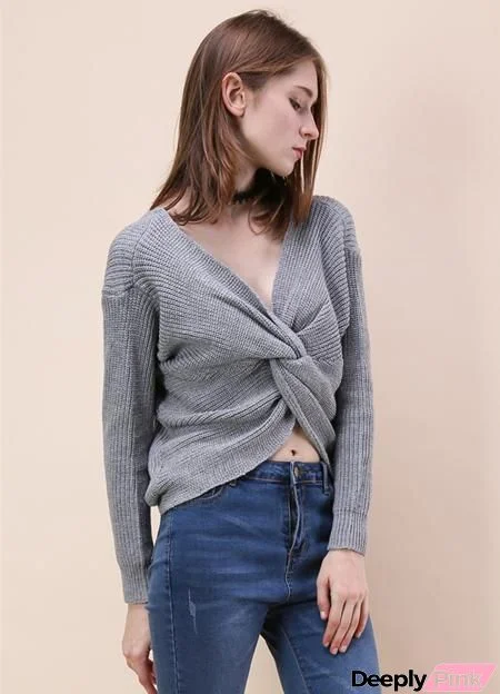 Tie Deep V Neck Pullover Knitted Sweater