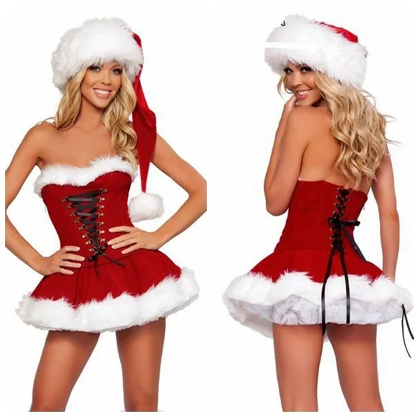 New Women's Sexy Red Christmas Xmas Holiday Party Mrs Miss Santa Costumes Outfits Fancy Mini Dress Size Medium With Hat Size M Color Red