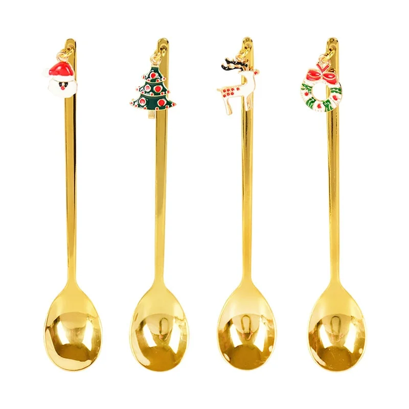4pcs Xmas Metal Spoons Merry Christmas Decorations for Home Navidad Natal Noel Kitchen Tableware Ornaments New Year 2022 Gifts
