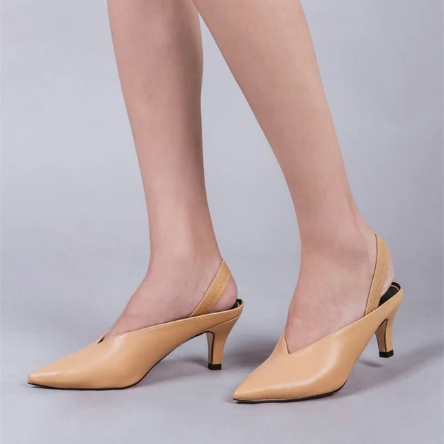 Khaki Slingback Heels Pointy Toe Cone Heel Pumps |FSJ Shoes