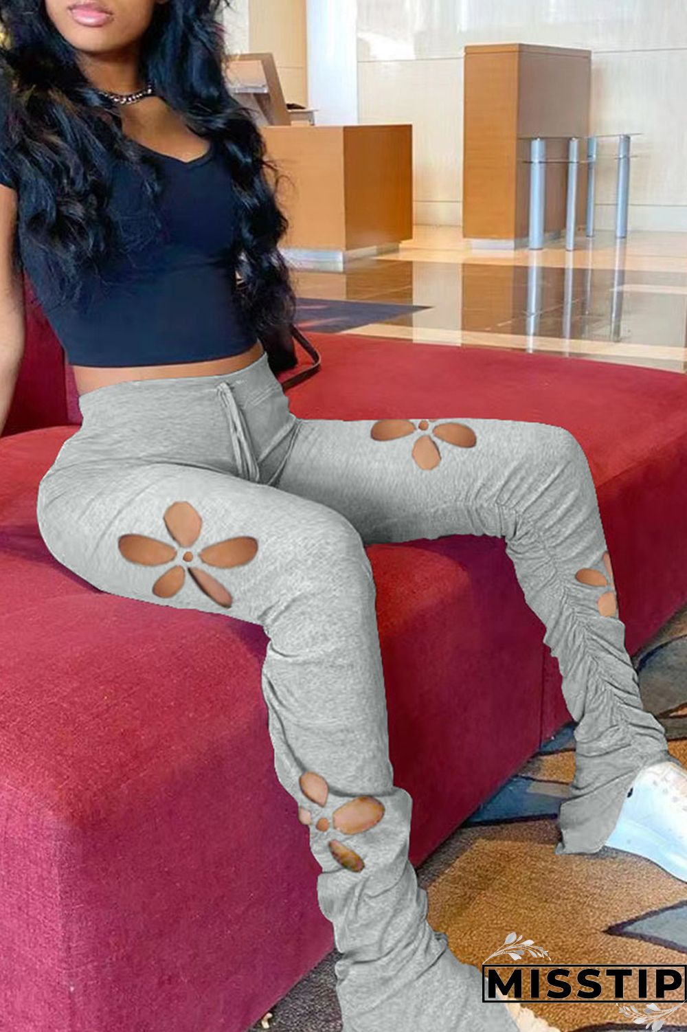 Grey Casual Street Solid Hollowed Out Patchwork High Waist Speaker Solid Color Bottoms