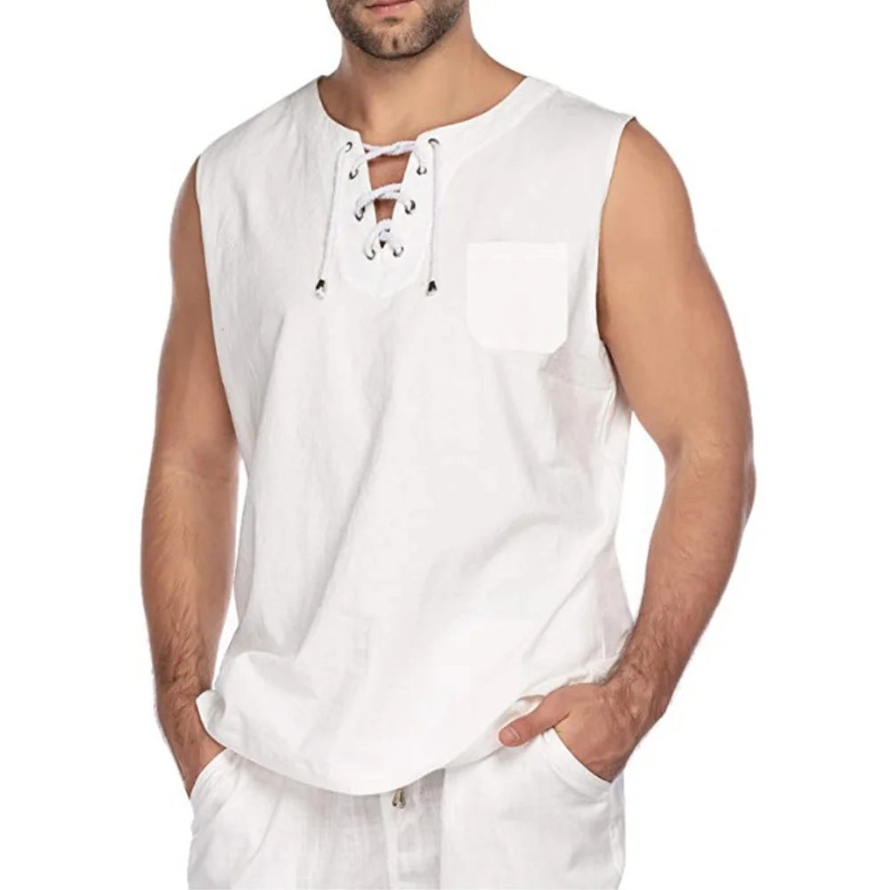 Smiledeer Men's Linen Cross Tie Sleeveless Tank Top