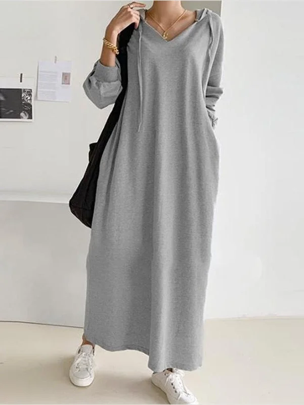 Women's Long Sleeve Hooded Solid Color Maxi Dress