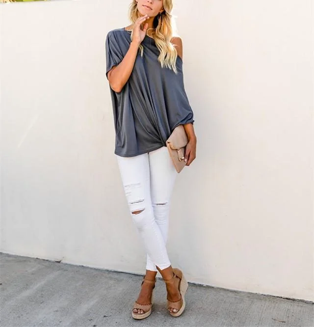 Sexy Pure Color Slanted Shoulder Baggy Blouse T-Shirt