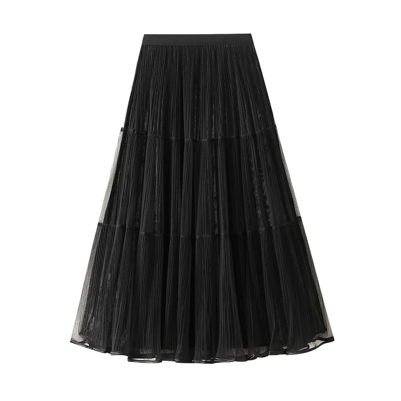 Nigikala Nigikala Splicing Hundred Fold Mesh Velvet Dress Women Autumn And Winter New High-Rise Thin A-Sword Skirt Mid-Long 5202