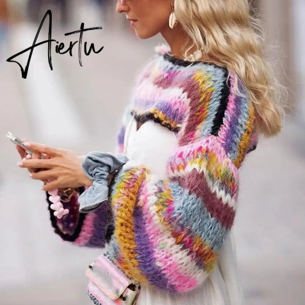 Colorful Stripe Knit Crop Sweater Women  Autumn Casual O-Neck Long Lantern Sleeve Pullover Female Loose Crochet Streetwear Aiertu