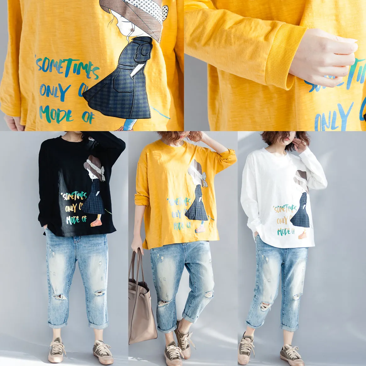 Elegant Yellow Cotton Linen Tops Women Plus Size Wardrobes Neck Long Sleeve Loose Spring