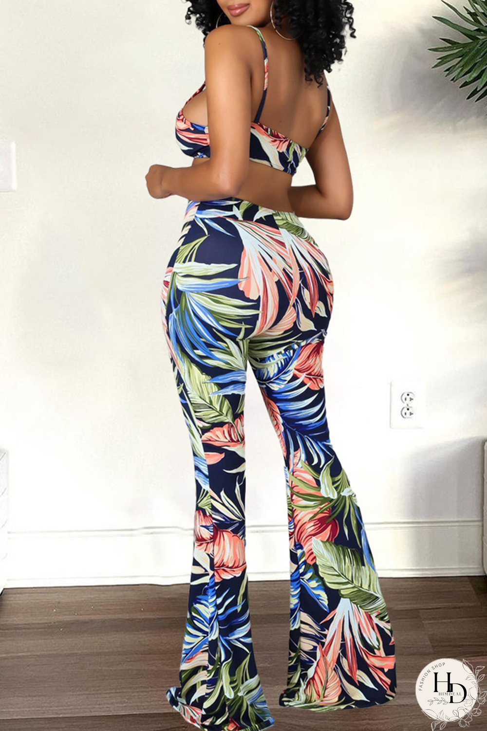 Rose Red Sexy Print Hollowed Out Spaghetti Strap Boot Cut Jumpsuits
