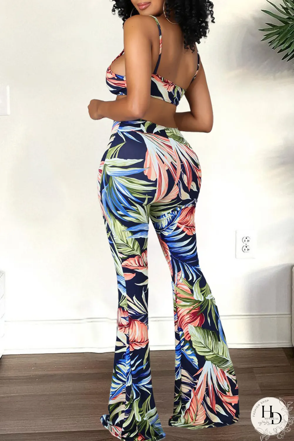 Rose Red Sexy Print Hollowed Out Spaghetti Strap Boot Cut Jumpsuits